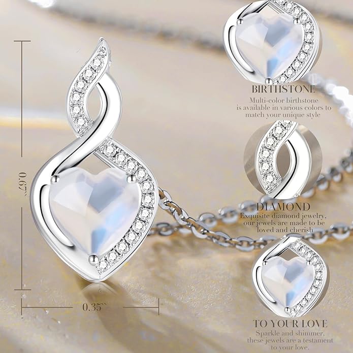 FANCIME 14K Solid White Gold Heart Birthstone Necklace with Diamond Pendent Birthday Gifts for Mom Women, Sterling Silver Chain 16" + 2" Extender