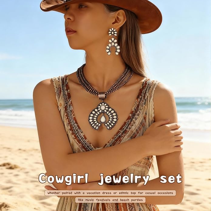 Western Jewelry Sets for Women – Turquoise Necklace and Earring Set Vintage Boho Cowgirl Accessories Country Jewelry Gift for Her