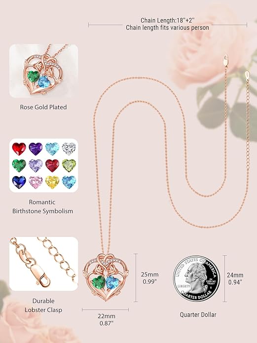 Rose Gold Necklaces for Women Double Birthstone Rose Flower Heart Pendant Necklace Jewelry Anniversary Christmas Valentine's Mother's Day Birthday Gift for Wife Mom Her Girlfriend Sister
