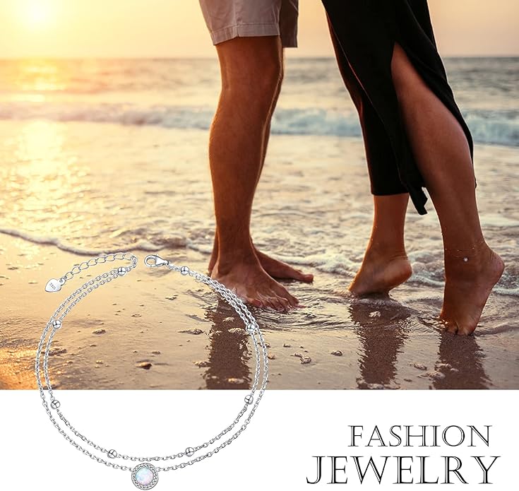 Anklets for Women 925 Sterling Silver Charm Layered Simulated Opal/Moonstone/Daisy/Infinity Summer Beach Ankle Bracelet Foot Chain Jewelry Birthday Valentine's Day Mother's Day Gift