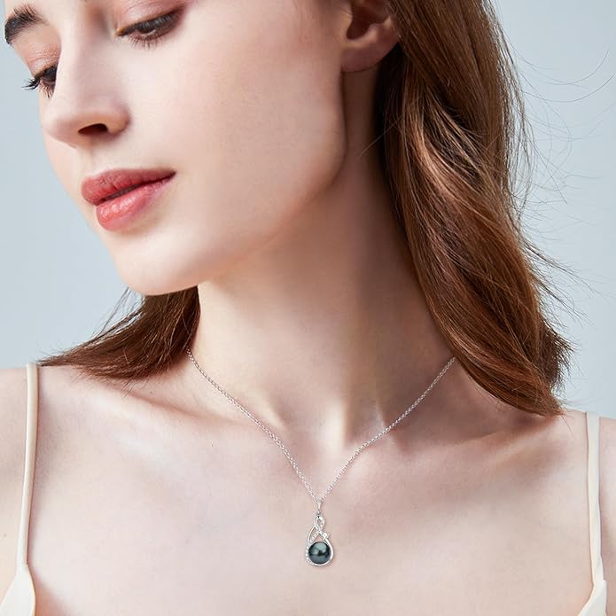 DENGGUANG Tahitian Black Pearl Necklace for Women Genuine 9-10mm Round Tahitian Cultured Pearls Pendant 18K Gold Plated 925 Sterling Silver - Jewelry Gifts for Mom Wife Daughter