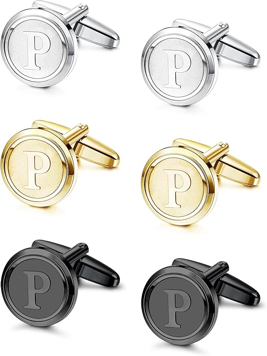 LOLIAS 3 Pairs Initial Cufflinks For Men Classic Mens CuffLinks Set Letter Cuff Links for Casual to Formal with Gift Box Silver Black 14K gold plated Cufflinks for Father Husband
