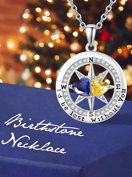 Compass Birthstones Necklace for Women, Exquisite Anniversary Birthday Gifts for Wife Her Double Birthstone Pendant jewelry ‘I'd be Lost Without You’