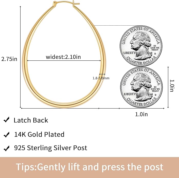 Gacimy Chunky Hoop Earrings for Women, 14K Gold Plated Oval Hoop Earrings with 925 Sterling Silver Post