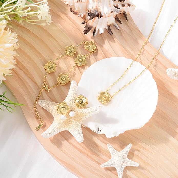 Snyxdrae Hypoallergenic Women's Four Leaf Clover Jewelry Set 14K Gold-Plated Stainless Steel Clover Necklace Bracelet Earrings Fashionable And Exquisite Daily for Women Accessory Gift