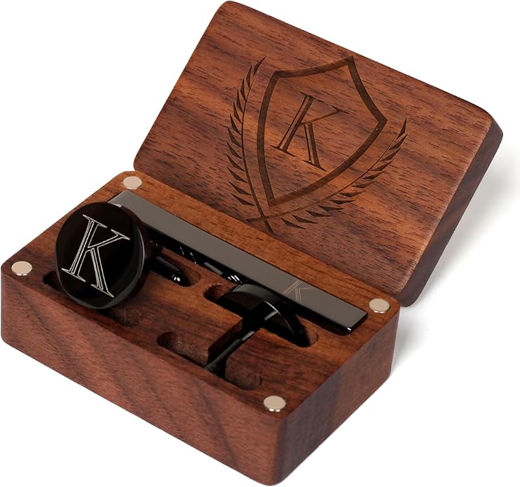 Mens Initial Cufflinks and Tie Clip A-Z Alphabet Letter Black Stainless Cuff Links Tie Bar with Engraved Walnut Wood Box Groom Groomsman Wedding Set
