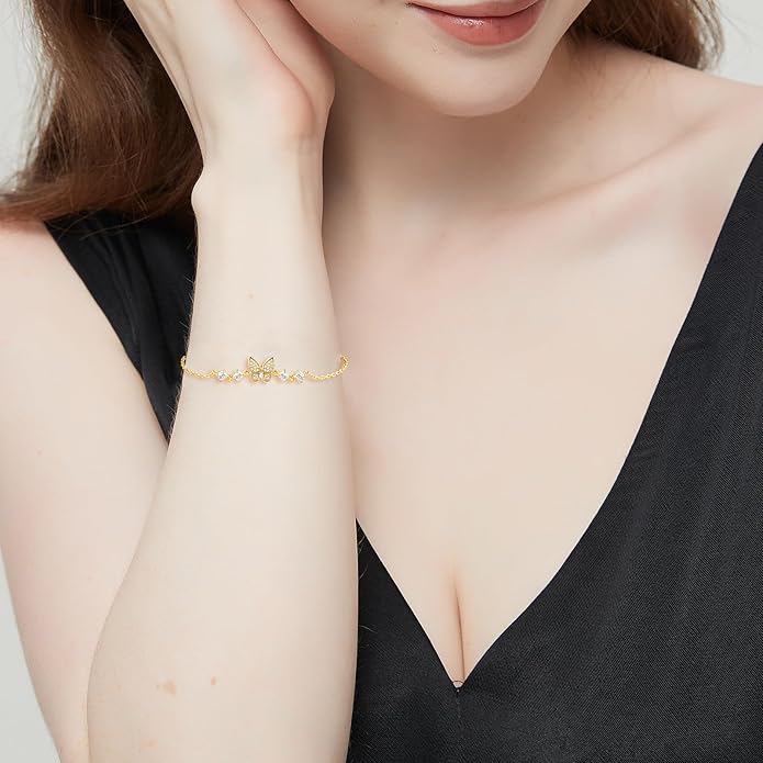 Cubic Zirconia Butterfly Bracelets for Women and Men | Gold Dainty Simple Hypoallergenic Adjustable Bracelet