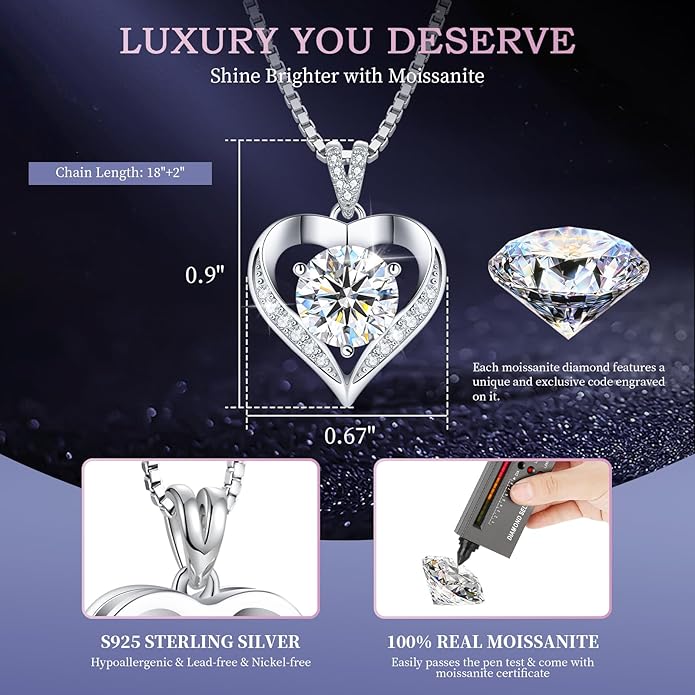 Moissanite Heart Necklaces for Women, 18K White Gold Plated 925 Sterling Silver 1-3CT Moissanite Pendant Jewelry Wedding Anniversary Birthday Christmas Gifts for Wife Mom Girlfriend Sister Grandma