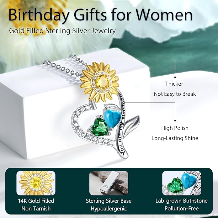 PERJI Valentine's Day Gifts for Women - 925 Sterling Silver Double Birthstone Sunflower Necklace, Anniversary Birthday Jewelry You are My Sunshine Gifts for Wife Couple Girlfriend 18"+2" Non Tarnish