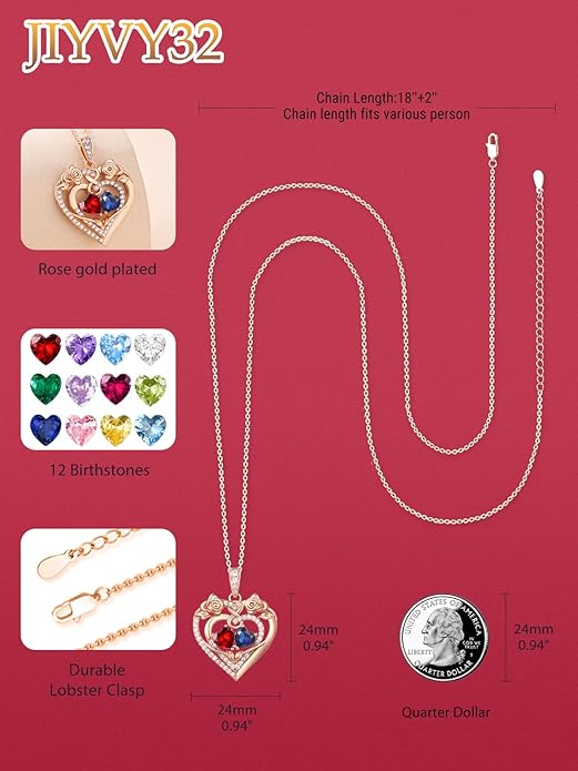 JIYVY32 Rose Heart Necklace for Women Exquisite 925 Sterling Silver Anniversary Birthday Gifts for Wife Mom Her Double Birthstone Pendant Jewelry