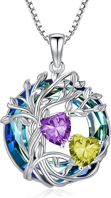 TOUPOP s925 Sterling Silver Family Celtic Tree of Life Pendant Necklaces with 2 Heart Birthstone with Blue Austrian Crystal Jewelry Birthday Anniversary Christmas Gifts for Her Wife Girlfriend Mom (18K Real White Gold Filled)