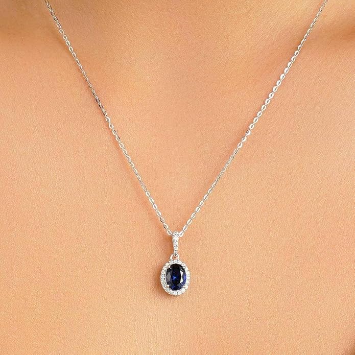 MSBLUE 1.69ct Vintage Style Oval Created Sapphire Halo Pendant Necklace, Sterling Silver with 14K White Gold Vermeil, Rhodium Finish