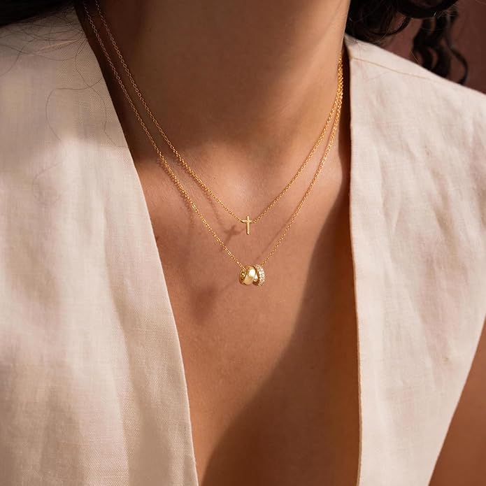 Gold Necklace for Women, Dainty 14K Gold Plated Pendant Necklaces for Women Trendy Simple Choker Chain Cubic Zirconia Circle/Interlocking/Sun Necklace Fashion Jewelry Birthday Christmas Gift