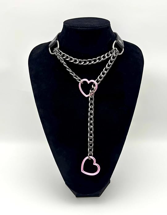 Black Leather Choker Collar For Women, Handmade Heart Slip Chain Choker Long Necklace with Adjustable Buckle