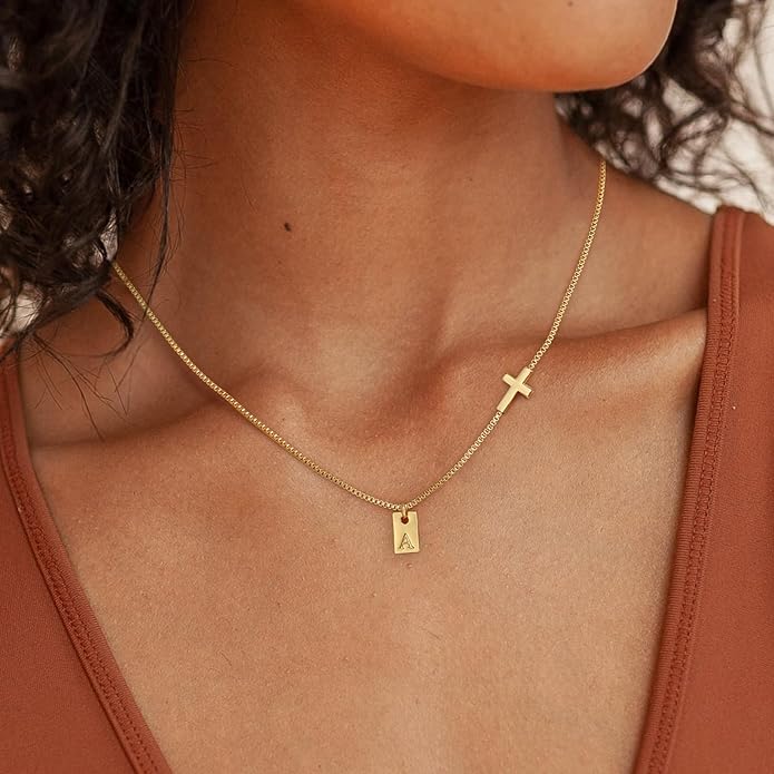 Cross Necklace for Women with Initial, 14K Gold Plated Dainty Cross Pendant Choker Initial Gold Necklace for Women Jewelry Gift