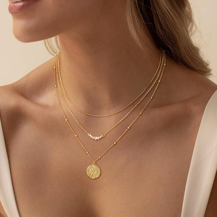 CHESKY 14K Gold Plated Layered Necklaces for Women,Dainty Gold/Silver Plated Chain Necklace CZ Pendant Necklace Adjustable Layering Choker Necklace jewelry Gifts