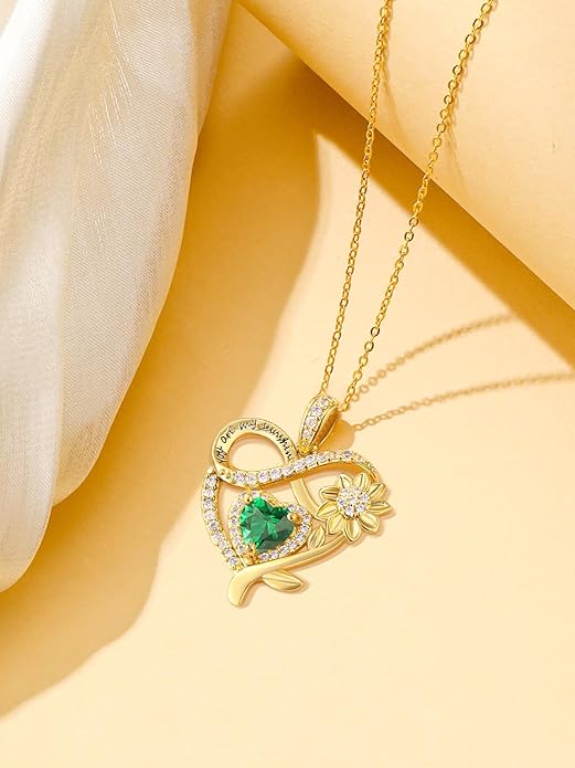 14K Gold Sunflower Heart Necklace for Women, You Are My Sunshine Jewelry with Birthstone Pendant, Anniversary Birthday Gifts for Her Wife Mom Grandma Daughter