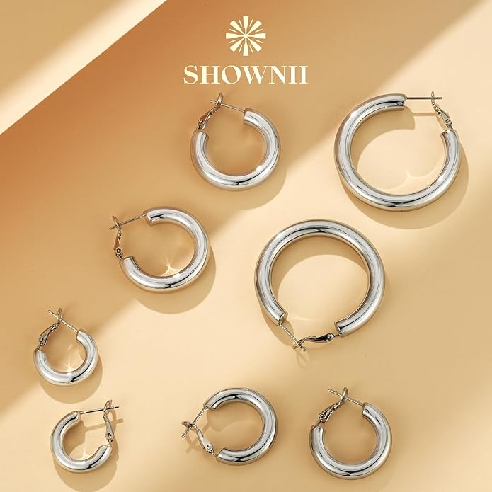 SHOWNII Chunky Gold Hoop Earrings - 14K Gold Plated Earrings for Women Hollow Tube Thick Hoops Graduation Gifts for Her