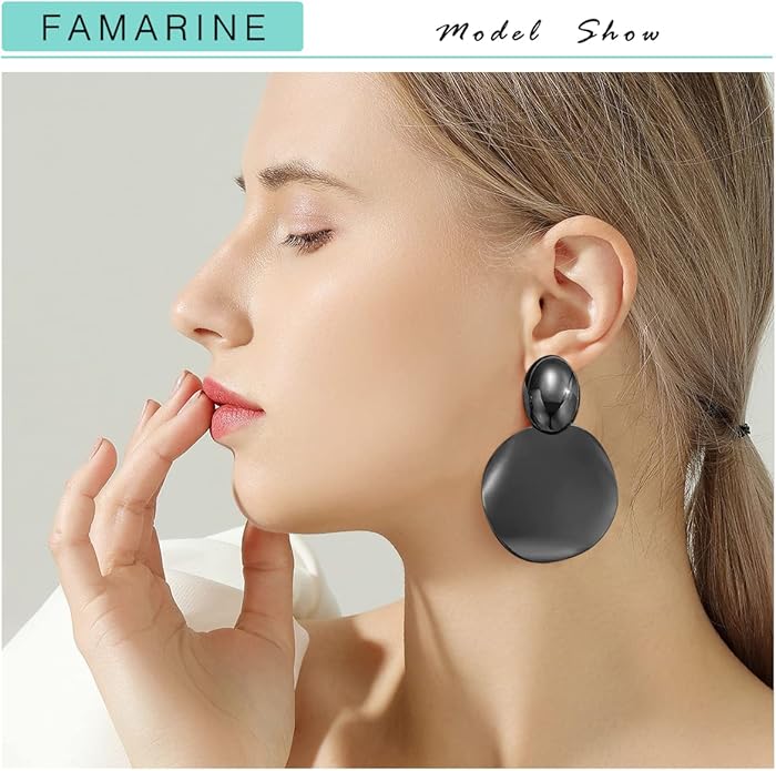 FAMARINE Big Disc Drop Earrings Gold Dangle Earrings Round Hammered Earrings Women