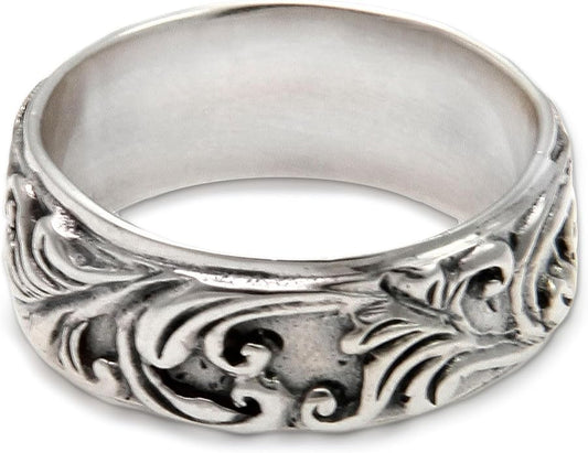 NOVICA Artisan Handmade Sterling Silver Band Ring Leaf Tree No Stone Indonesia [band Width 8 mm W] 'Flourishing Foliage'