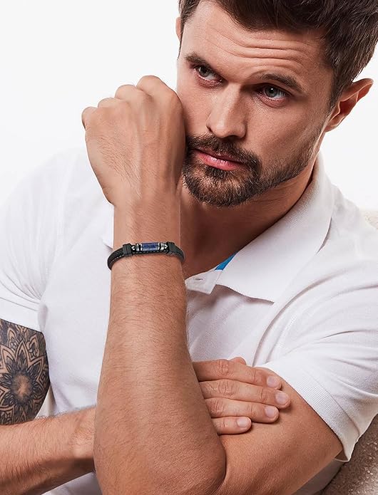 Lapis Lazuli Bracelets for Men Leather Black Bracelet
