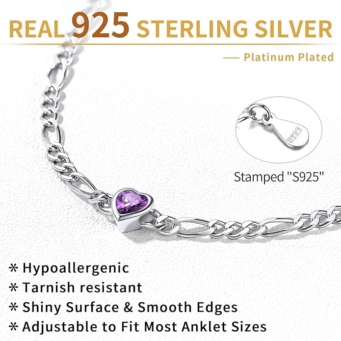ChicSilver Sterling Silver Anklets Bracelets for Women, Figaro Chain Heart/Round Birthstone Anklet for Women Waterproof, Dainty Herringbone Ankle Bracelet Summer Beach jewelry
