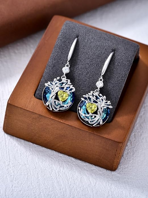 TOUPOP Tree of Life Birthstone Earrings for Women 925 Sterling Silver Family Tree Dangle Earrings Austrian Crystal Jewelry Birthday Christmas Gifts for Her Girlfriend Wife Mom