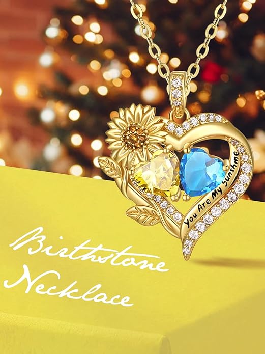 Sunflower Heart Necklace for Women 14K Gold Exquisite Anniversary Birthday Gifts for Wife Mother Her Double Birthstone Pendant jewelry‘You Are My Sunshine’