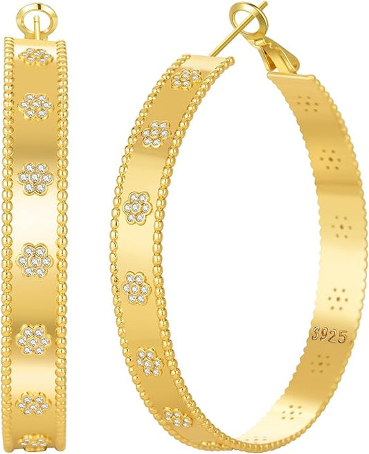 Senteria 8mm Wide 925 Sterling Silver Hoop Earrings for Women Hypoallergenic Chunky Silver Hoop Earrings with Flower Large Thick Hoops Earring Lightweight 14K Gold Plated Hoops for Women 25/30/40/50mm