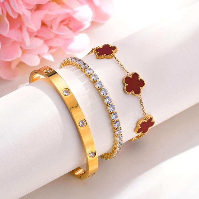 Womens Stackable Floral Gold Bracelets - 3Pcs 18K Gold Plated Bracelet,Stainless Steel Bangle Bracelets Non Tarnish, Gold Bracelet Set Trendy Jewelry,Christmas Valentines Birthday Gifts for Girlfriend