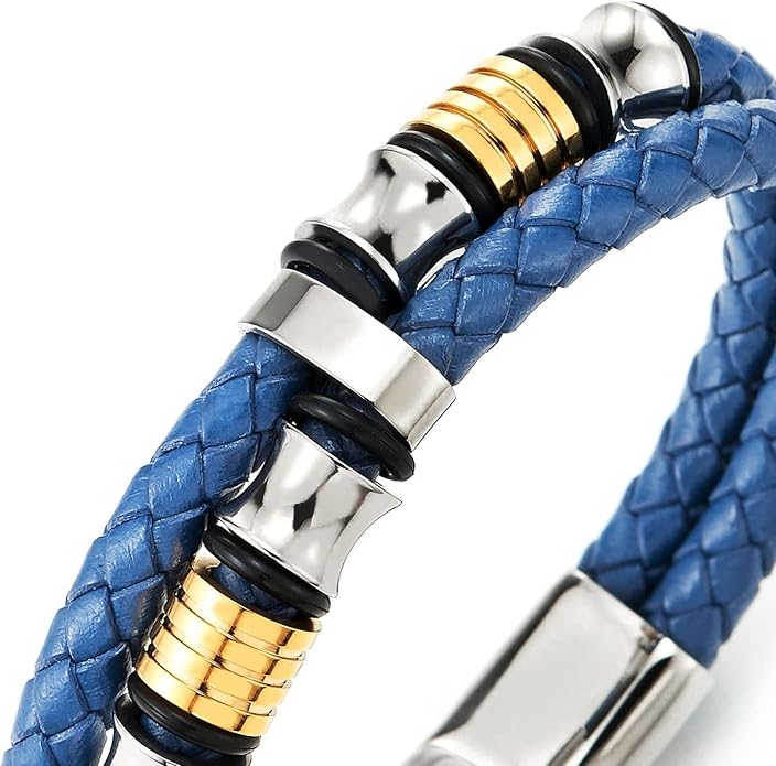COOLSTEELANDBEYOND Mens Double-Row Braided Leather Bracelet Bangle Wristband with Stainless Steel Ornaments
