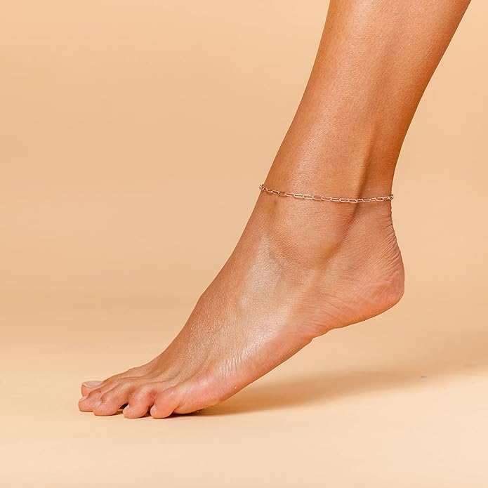 PAVOI 14K-18K Gold Plated Charm Link Flat Gold Anklets for Women | Beaded Marina Link Mariner Paperclip Snake Chain Jewelry Anklets