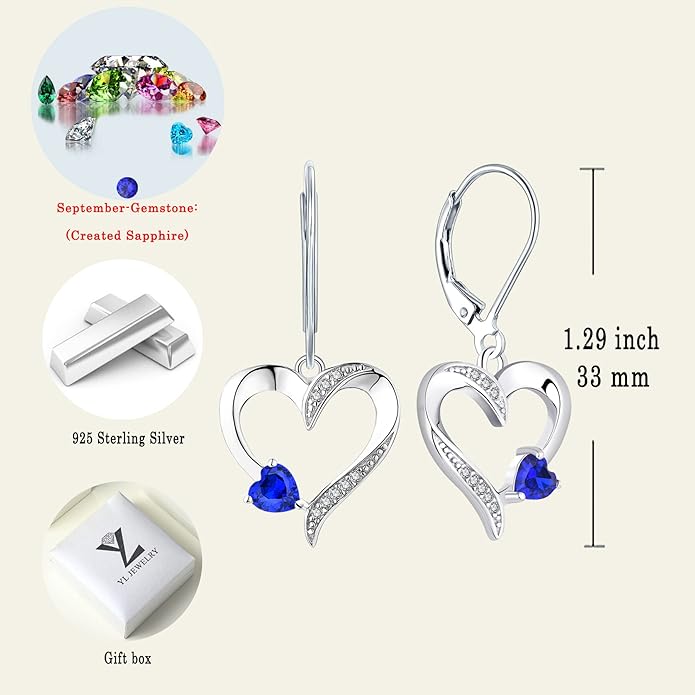 YL Heart Dangle Earrings 925 Sterling Silver Drop Earrings Birthstone Leverback Jewelry for Women