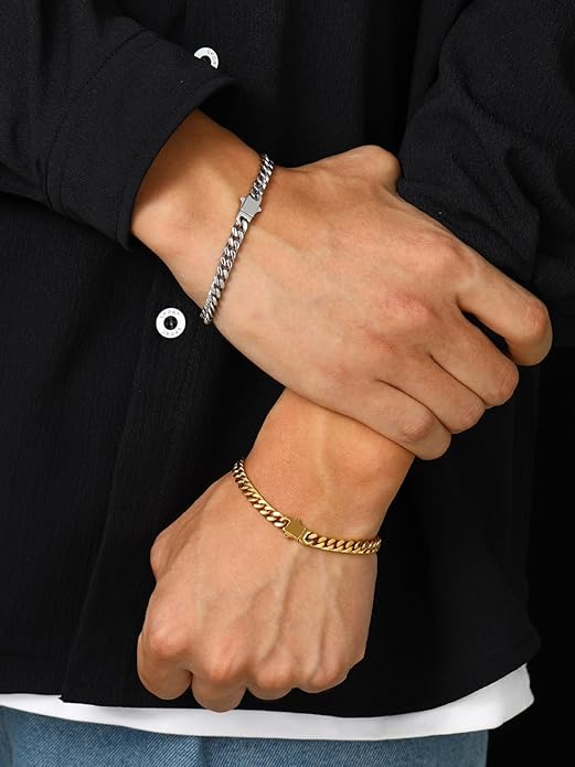 Bestyle Thick Mens Cuban Link Chain Bracelets, Durable Real 18K Gold/Black Metal Plated Solid Stainless Steel Hand Chain Cuban Bracelets for Men, Silver Black Gold Bracelets for Father Husband