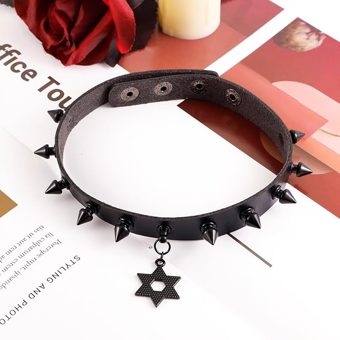 MILAKOO Punk Black Choker Gothic Spiked Rivets for Women Men with Charm Pendant Leather Necklace