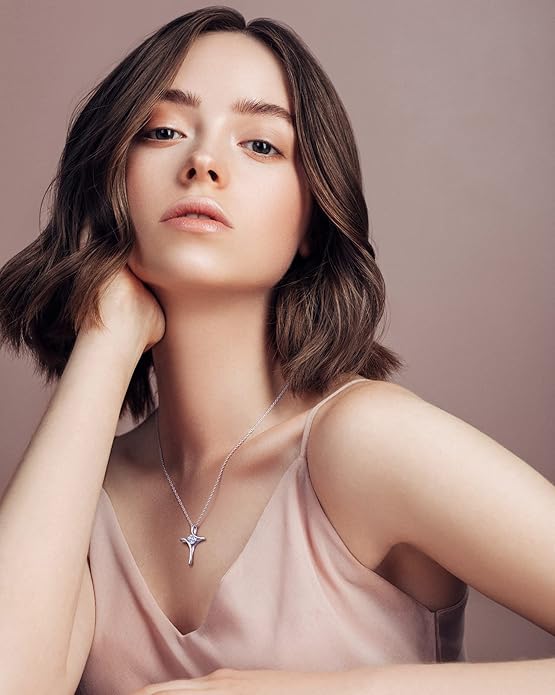 NINAMAID Cross Necklace for Women, 925 Sterling Silver Birthstone Necklace for Women with Diamond Sideways Cross Necklaces Birthstone Jewelry Birthday Gifts for Womens