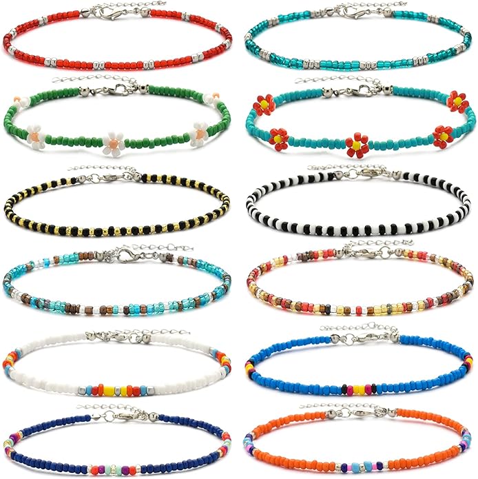 XIJIN 8Pcs Handmade Beaded Anklets for Women Boho Colorful Beads Ankle Bracelets Adjustable Foot Anklet Set