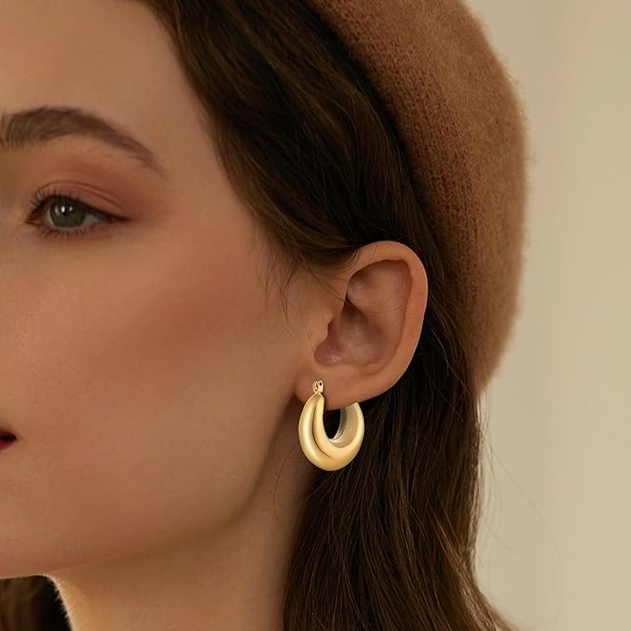 6 Pairs 14K Gold Plated Hoop Earrings for Women Trendy Chunky Lightweight Hoop Earrings Multipack Hypoallergenic, Thick Twisted Huggie Hoops Earring Set Jewelry for Gifts