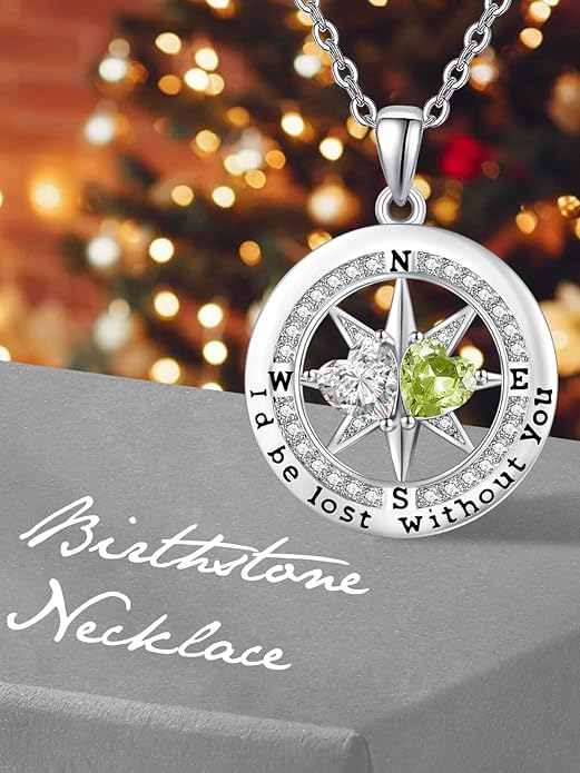 Compass Birthstones Necklace for Women, Exquisite Anniversary Birthday Gifts for Wife Her Double Birthstone Pendant jewelry ‘I'd be Lost Without You’