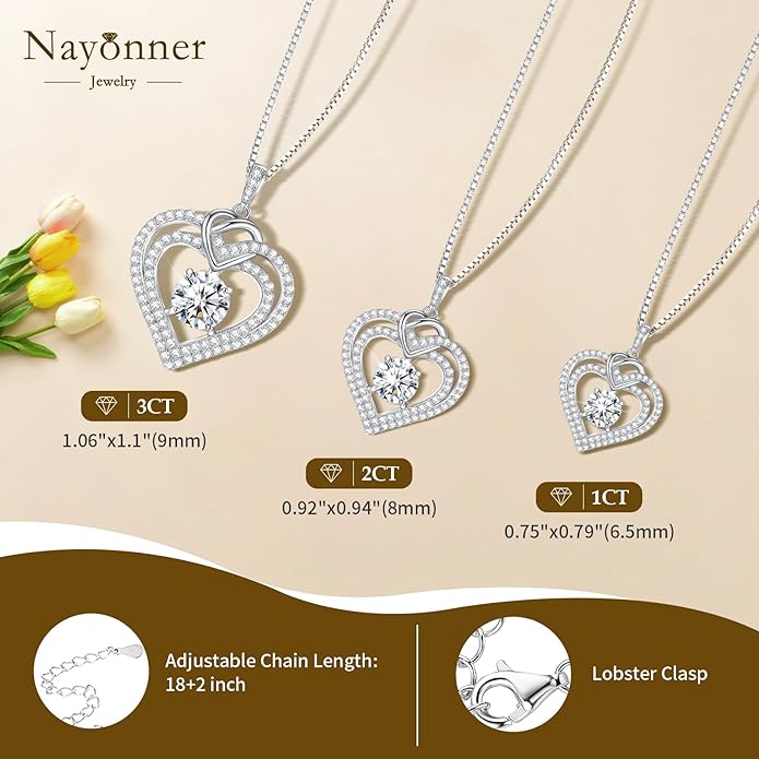 Moissanite Heart Necklaces for Women, 18K White Gold Plated 925 Sterling Silver 1-3CT Moissanite Pendant Jewelry Wedding Anniversary Birthday Christmas Gifts for Wife Mom Girlfriend Sister Grandma