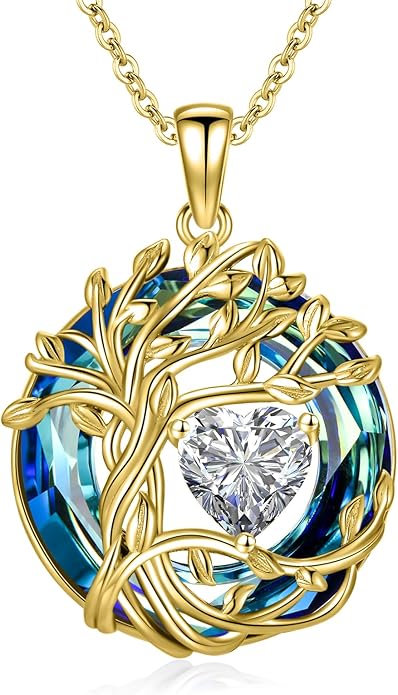TOUPOP Christmas Gifts Tree of Life Birthstone Necklace 925 Sterling Silver Pendant Austrian Crystal Jewelry Anniversary Birthday Gifts for Women Mom Her Wife