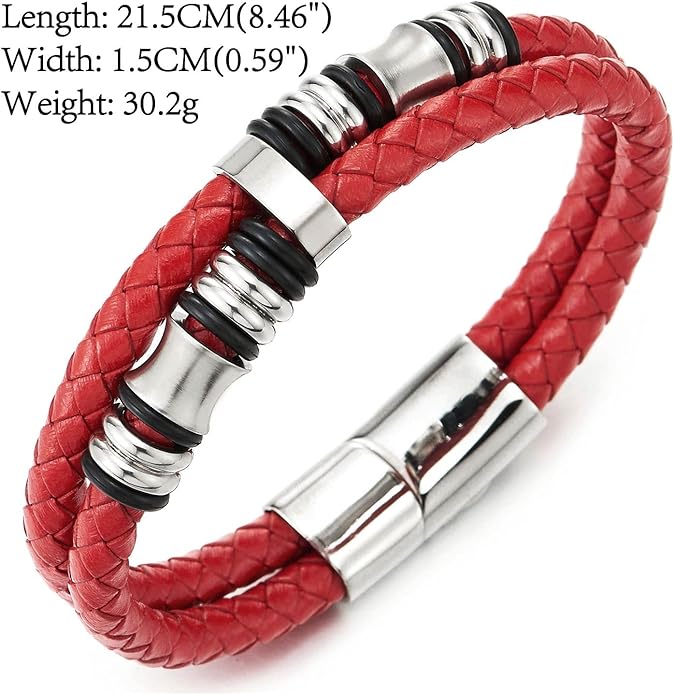 COOLSTEELANDBEYOND Mens Double-Row Braided Leather Bracelet Bangle Wristband with Stainless Steel Ornaments