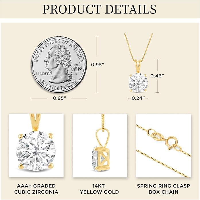 Everyday Elegance Solid 14K Gold Cubic Zirconia Solitaire Pendant Necklace for Women Heart, Princess, Round, Oval, Emerald, Pear & Cushion Cut 1 or 2 CTW | .60mm Thick 16" 18" Length Box Link Chain