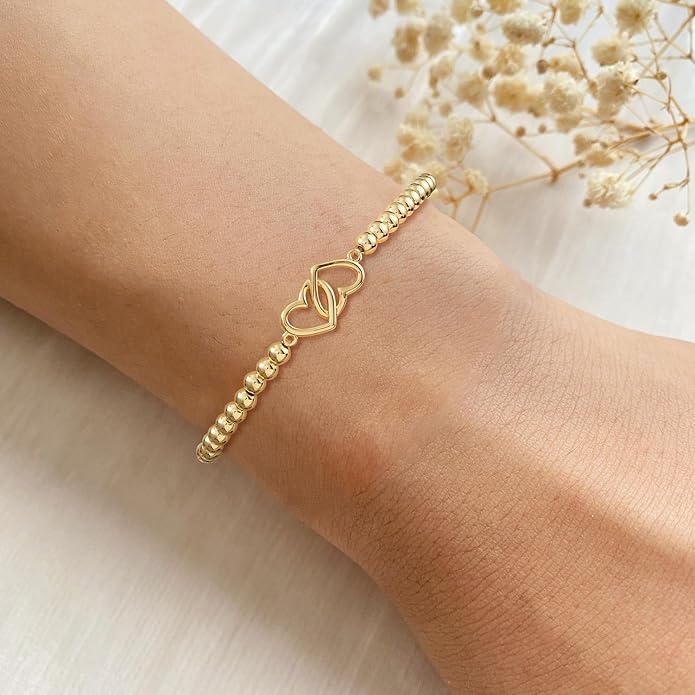 Beaded Bracelet for Women Trendy Stretch Handmade Ball Charm Bracelet Dainty Cross Heart Bow Wave CZ Stackable Jewelry Charm Gifts for Her