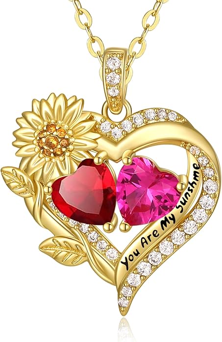 Sunflower Heart Necklace for Women 14K Gold Exquisite Anniversary Birthday Gifts for Wife Mother Her Double Birthstone Pendant jewelry‘You Are My Sunshine’