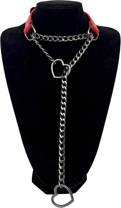 Black Leather Choker Collar For Women, Handmade Heart Slip Chain Choker Long Necklace with Adjustable Buckle