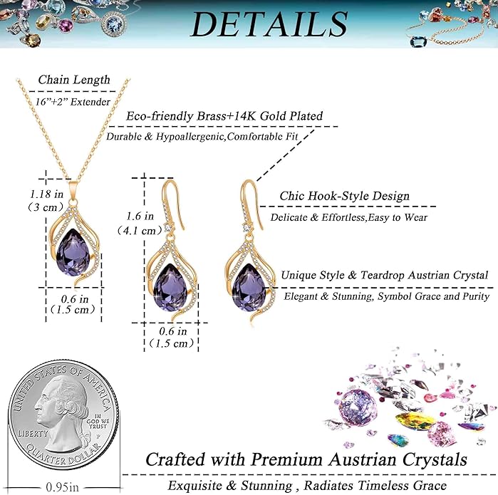 EVEVIC Austrian Crystals Teardrop Hollow Twisted Pendant Necklace Earrings for Women 14K Gold Plated Halo Drop Dangle Earrings Hypoallergenic Jewelry Set