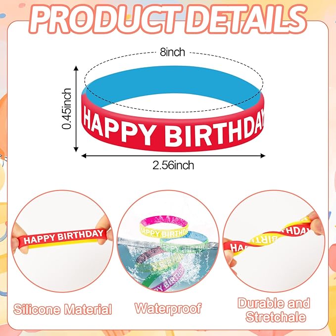 JUNEBRUSHS 64pcs Happy Birthday Rubber Bracelets Bulk Colored Rubber Silicone Wristbands for Students Teachers Classroom Reward Gifts Birthday Decorations Party Favors Supplies(16 Designs)