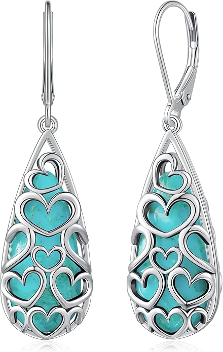 Turquoise Earrings for Women, 925 Sterling Silver Leverback Teardrop Earrings,Vintage Boho Western Turquoise Jewelry