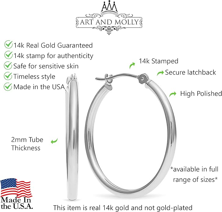 14k White Gold Polished Real Gold Hoop Earrings, Plain Round Gold Hoops, White Gold Hoop Earrings